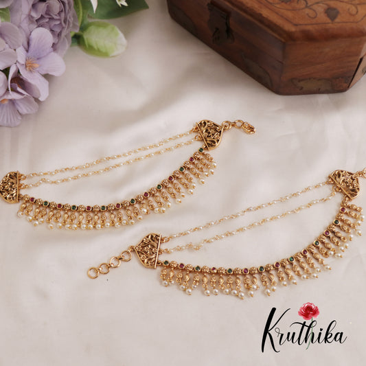 Beautiful Kemp Floral Mango Motifs Pearl Drop Earchains With Multi Strand Chains EC190