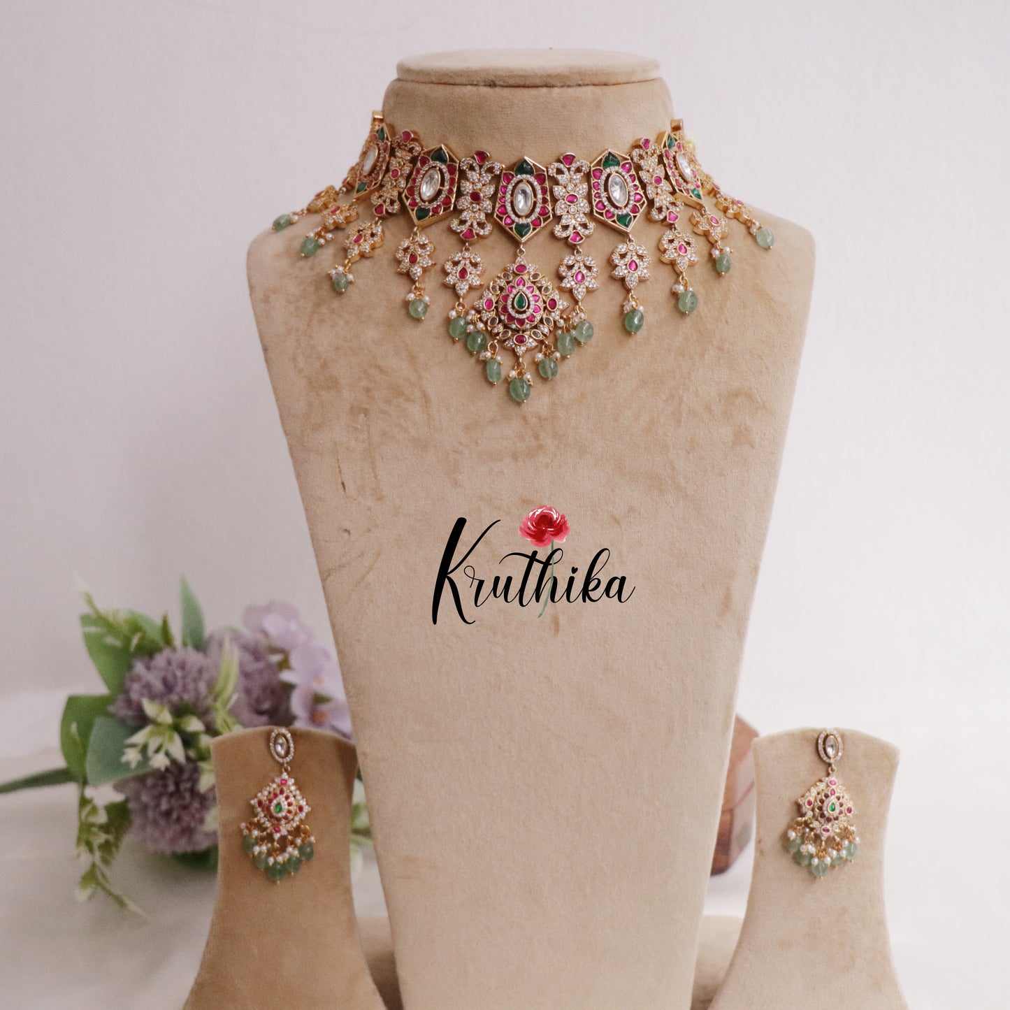 Gorgeous Jadau Necklace with Pastel Green Beads Drops NC2232