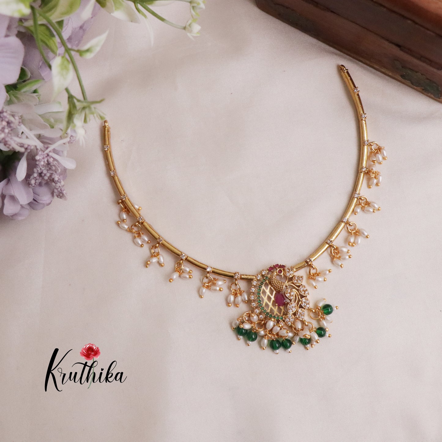 Simple Ad hasli necklace with peacock pendant & green bead drops NC2118