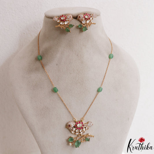 Pretty Parrot Motifs Polki Pendant Chain NC3103 (Available In 3 Colors)
