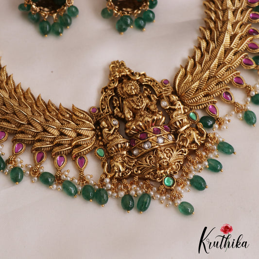 Gorgeous Antique Nagas Lakshmi Motifs Necklace With Green Bead Drops NC2715