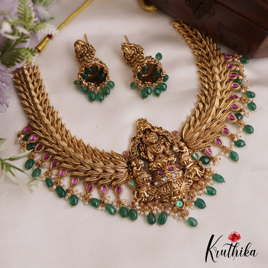 Gorgeous Antique Nagas Lakshmi Motifs Necklace With Green Bead Drops NC2715