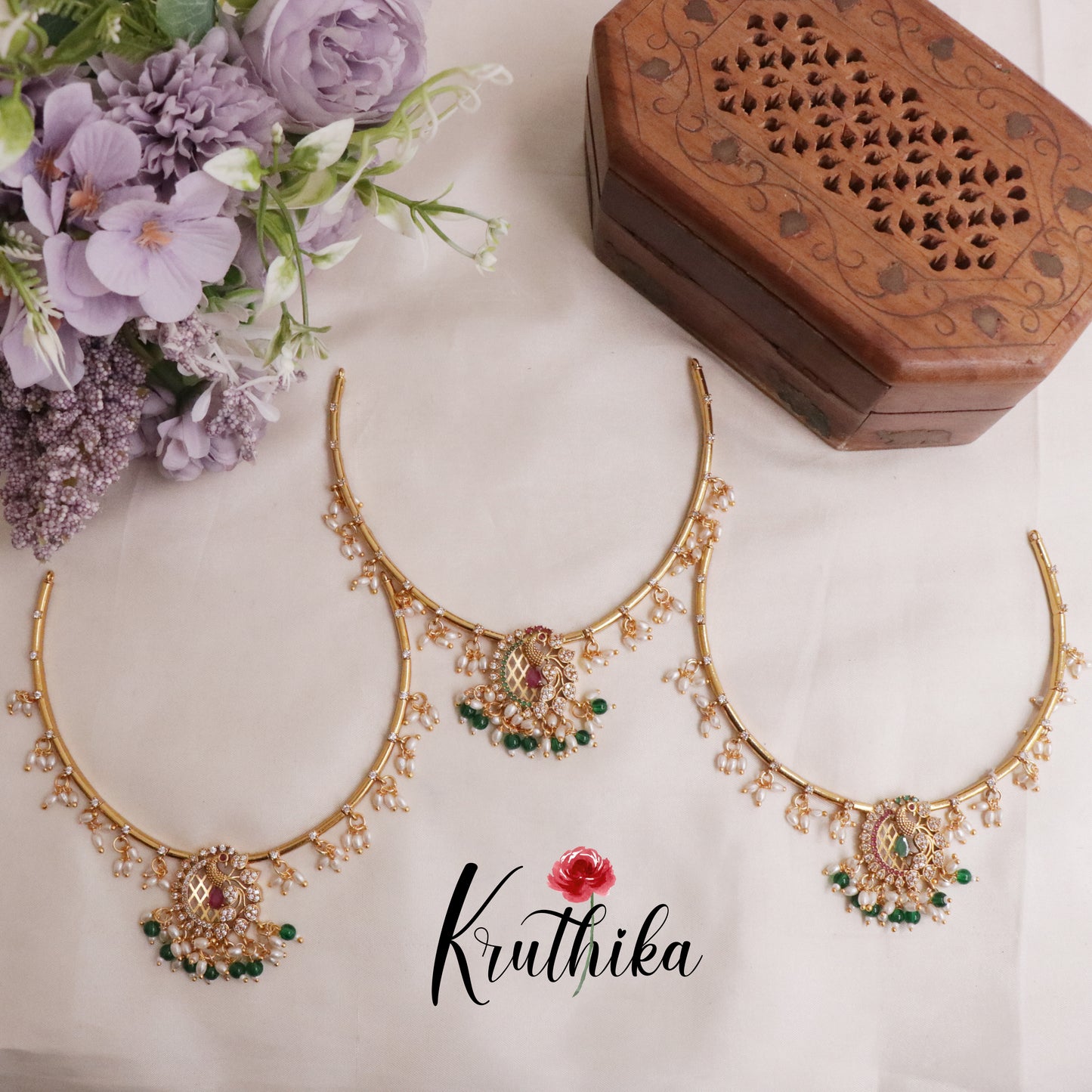 Simple Ad hasli necklace with peacock pendant & green bead drops NC2118