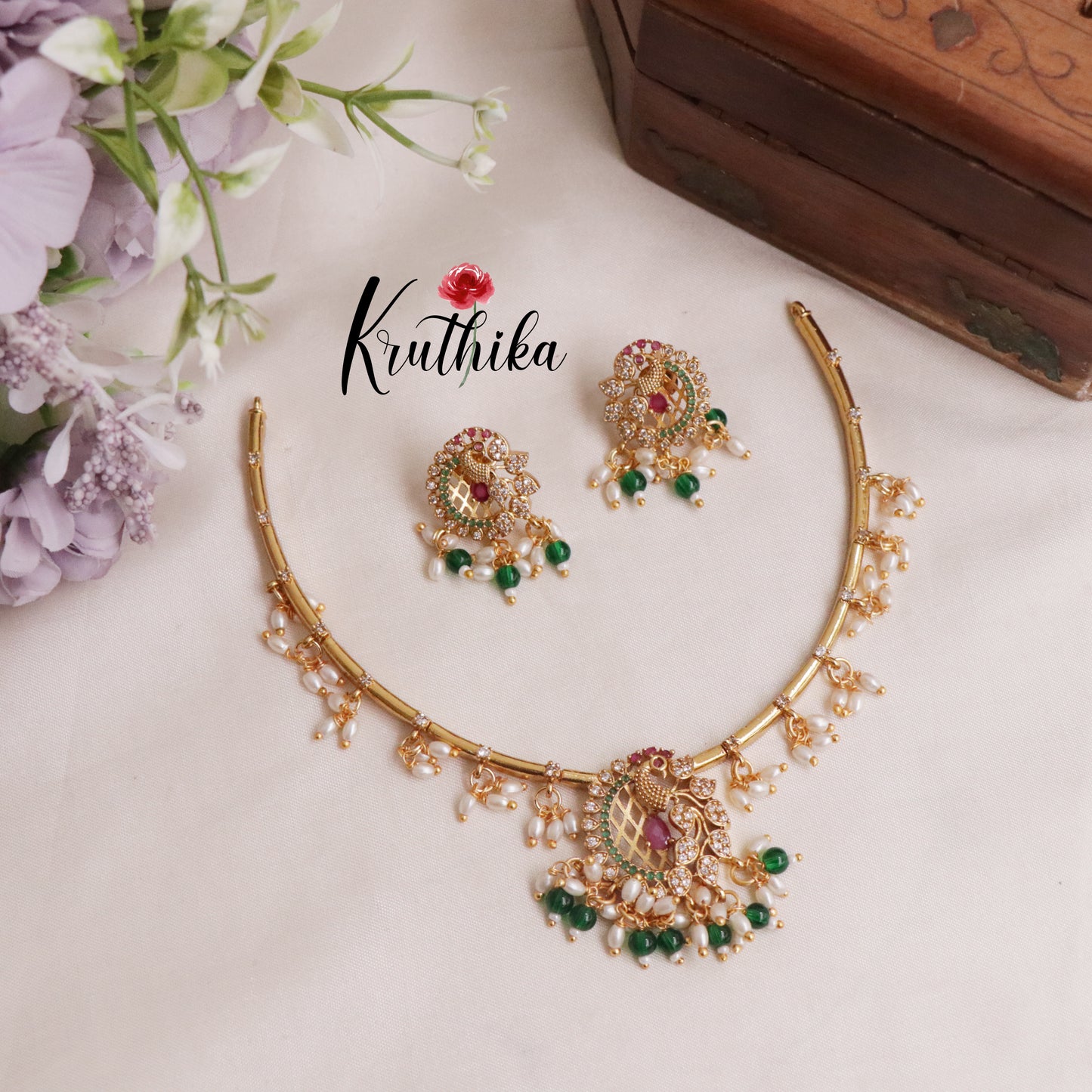 Simple Ad hasli necklace with peacock pendant & green bead drops NC2118