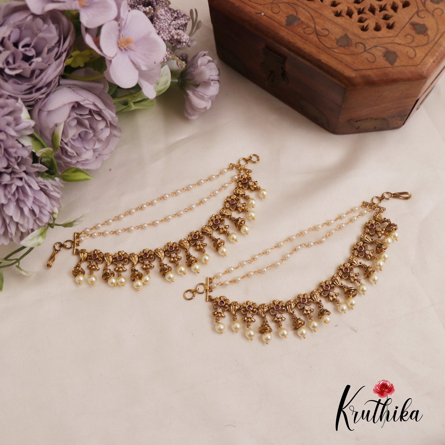 Classic Kemp Floral Pearl Drop Jhumka With Three Layered Earchains EC164