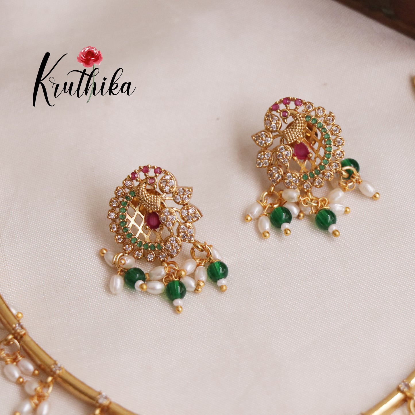 Simple Ad hasli necklace with peacock pendant & green bead drops NC2118