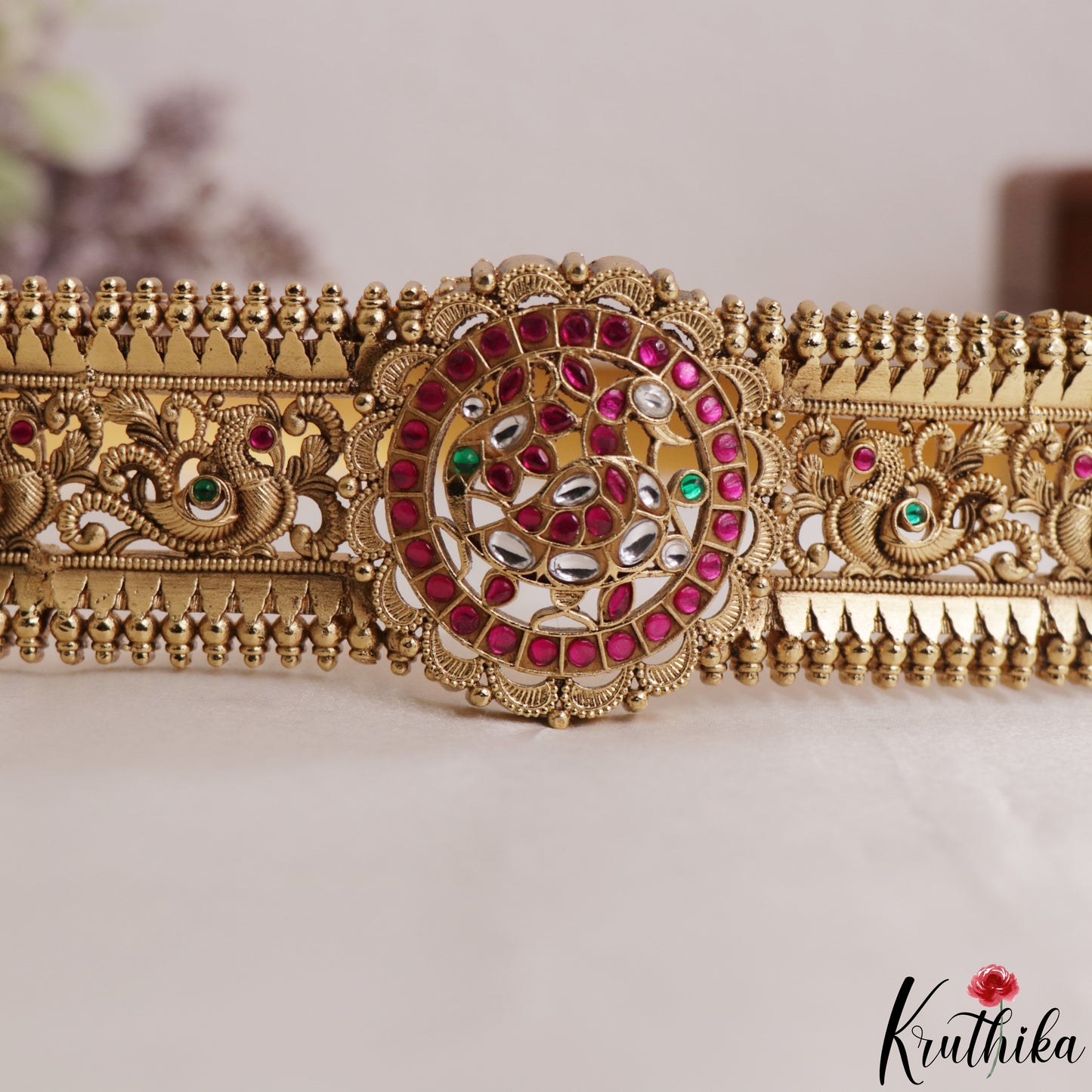 Stunning Antique Floral Peacock Motifs Jadau Hip Belt V376