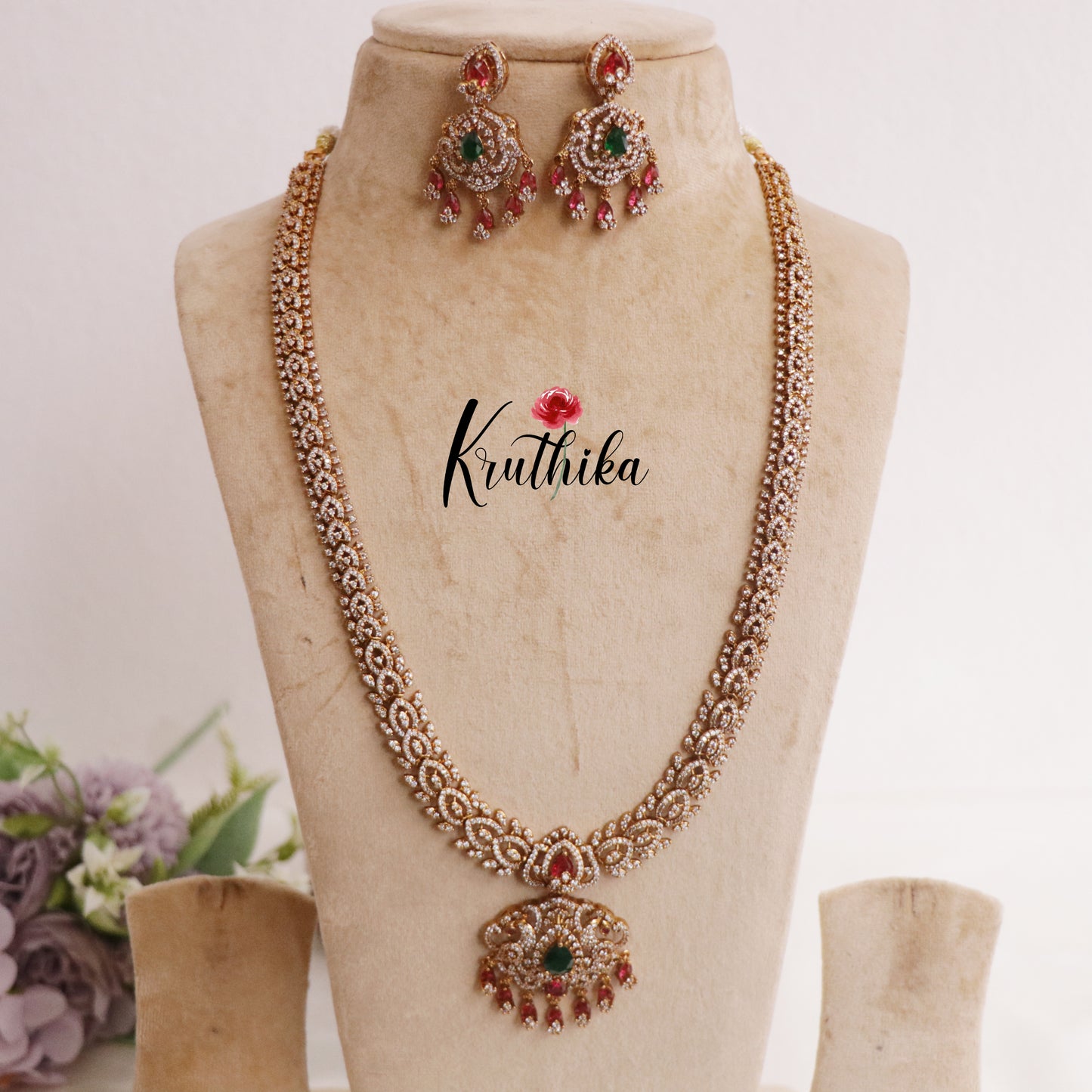 Royal Bridal Emerald & Ruby Peacock Pendant Haaram LH1951