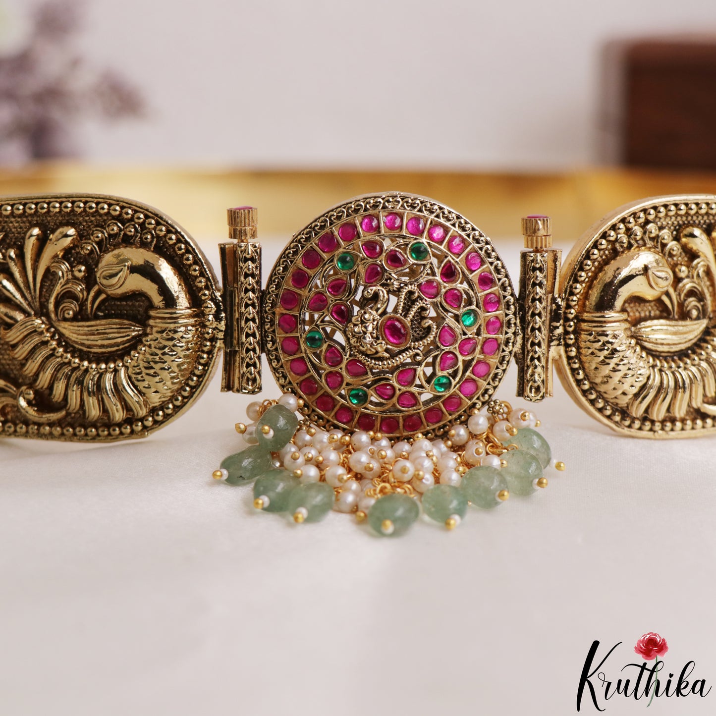Gorgeous Antique Nagas Peacock Motifs Jadau Hip Belt With Green Bead Drops V377
