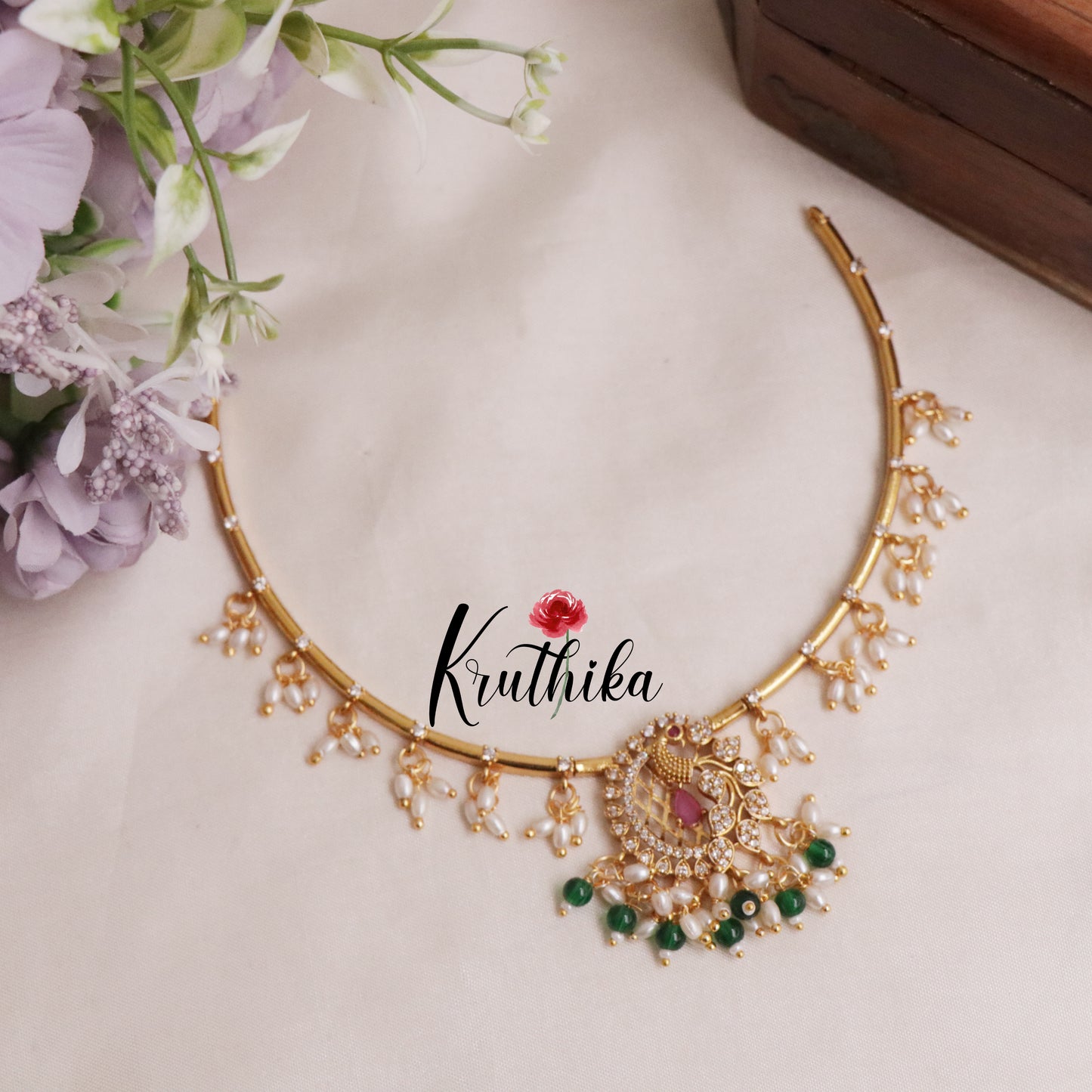 Simple Ad hasli necklace with peacock pendant & green bead drops NC2118