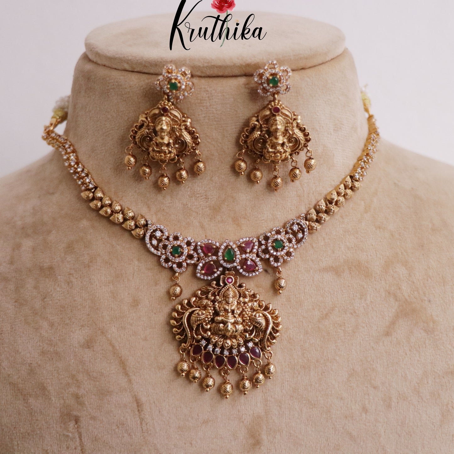 Pretty CZ Laxmi Necklace with Golden Beads Drops NC2247 (available in 2 Colors)