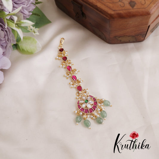 Gorgeous Floral Jadau Maang Tikka With Bead And Pearl Drops MT312