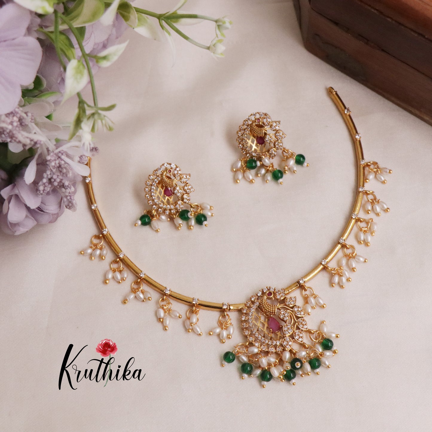 Simple Ad hasli necklace with peacock pendant & green bead drops NC2118