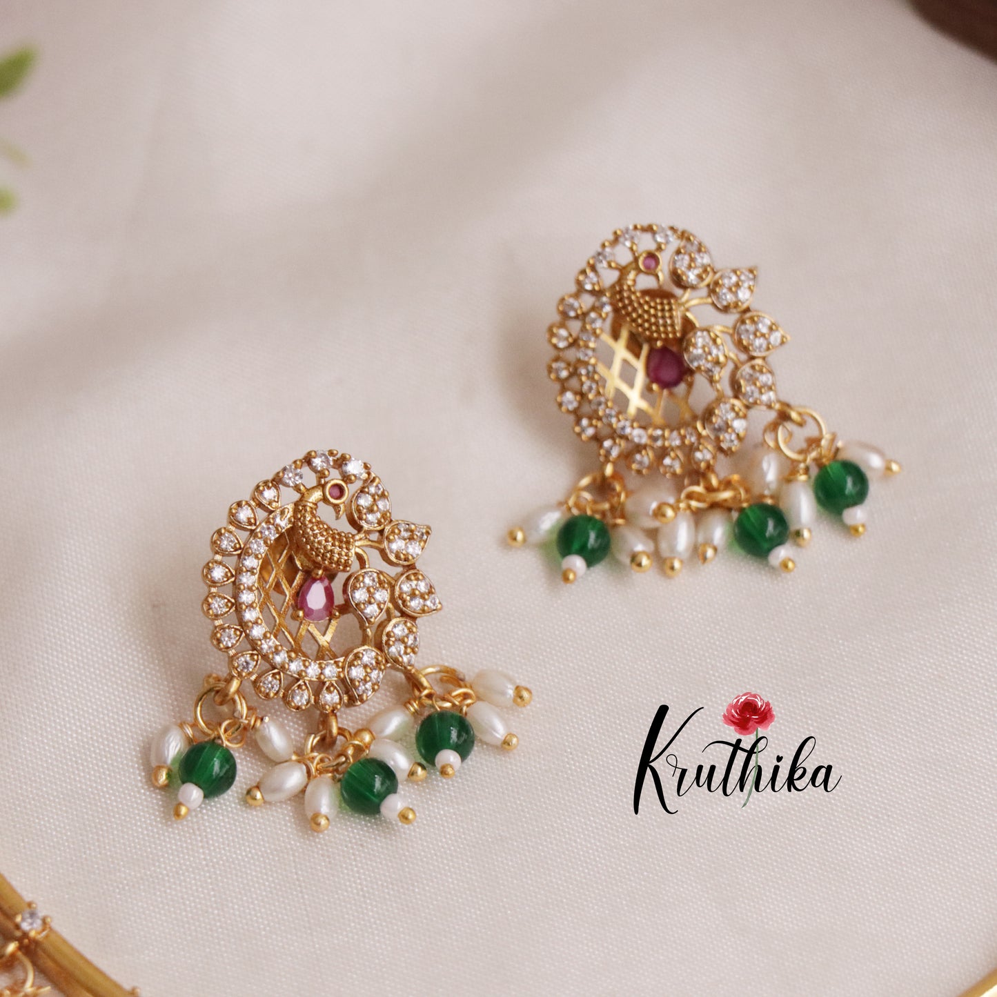 Simple Ad hasli necklace with peacock pendant & green bead drops NC2118