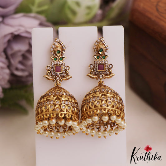 Elegant Leaf Motifs Gold-Tone AD Jhumka With Pearl Drops E1054
