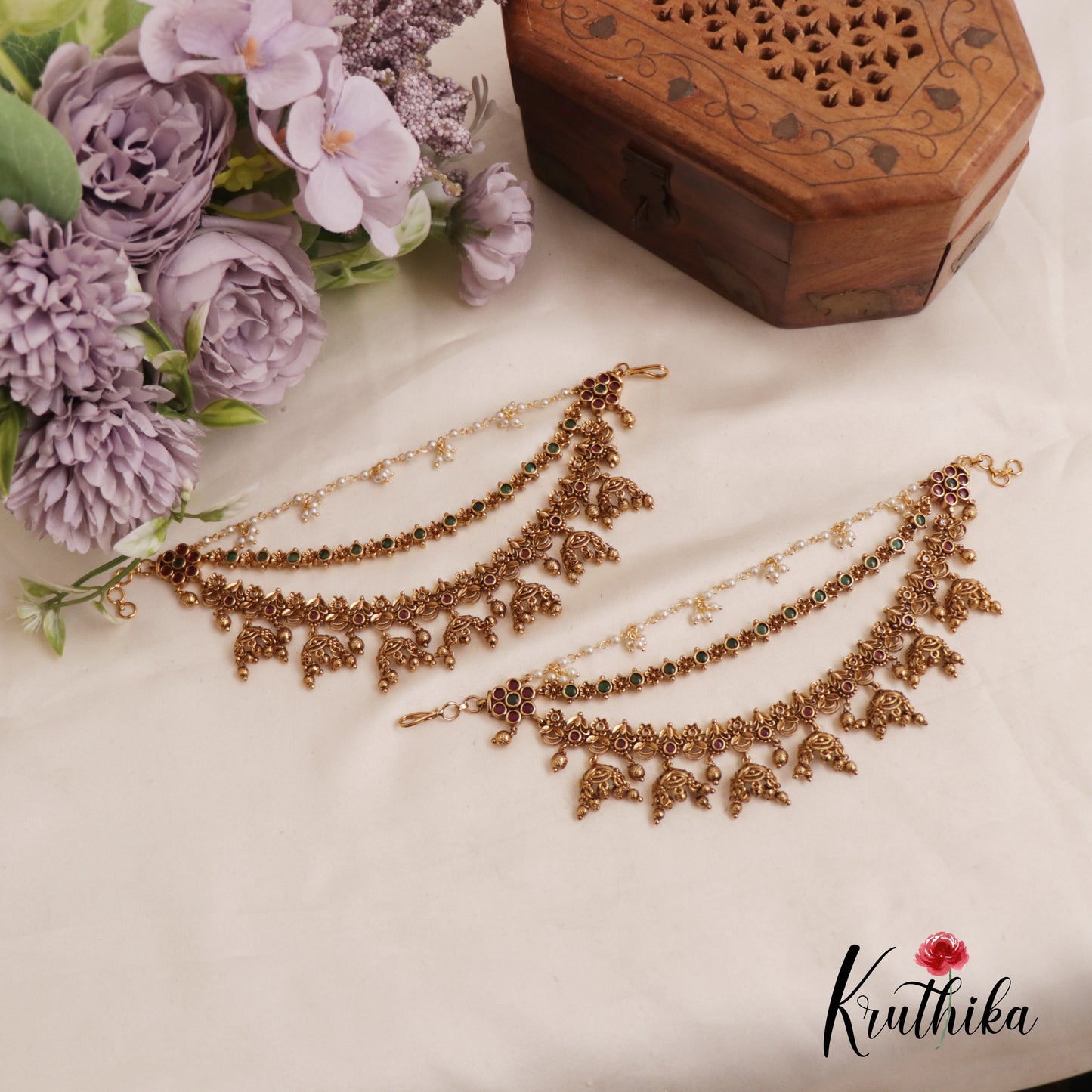 Gorgeous Kemp Floral Motifs With Golden Bead Drops Triple Strand Earchains EC186