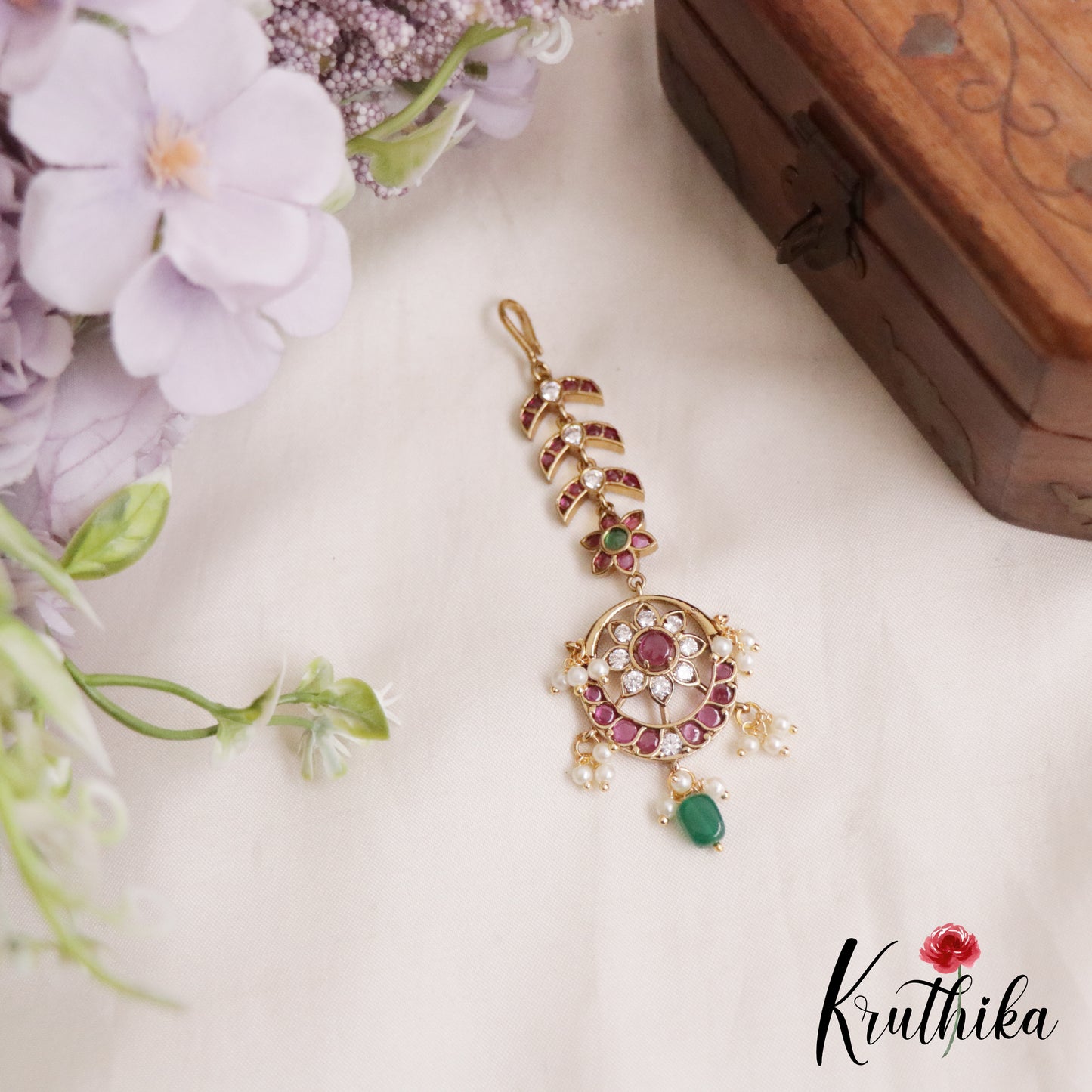 Trendy Kemp Floral Maang Tikka with Pearl Drops MT277