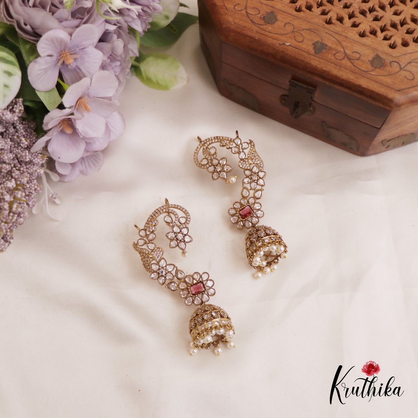 Stunning Floral Motifs AD Victorian Ear Cuff With Jhumkas E946 (Available In 3 Colors)