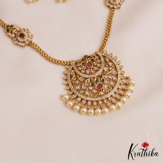 Elegant Teardrop Motifs Diamond-Finish Gold-Tone AD Necklace With Pearl Drops NC2764