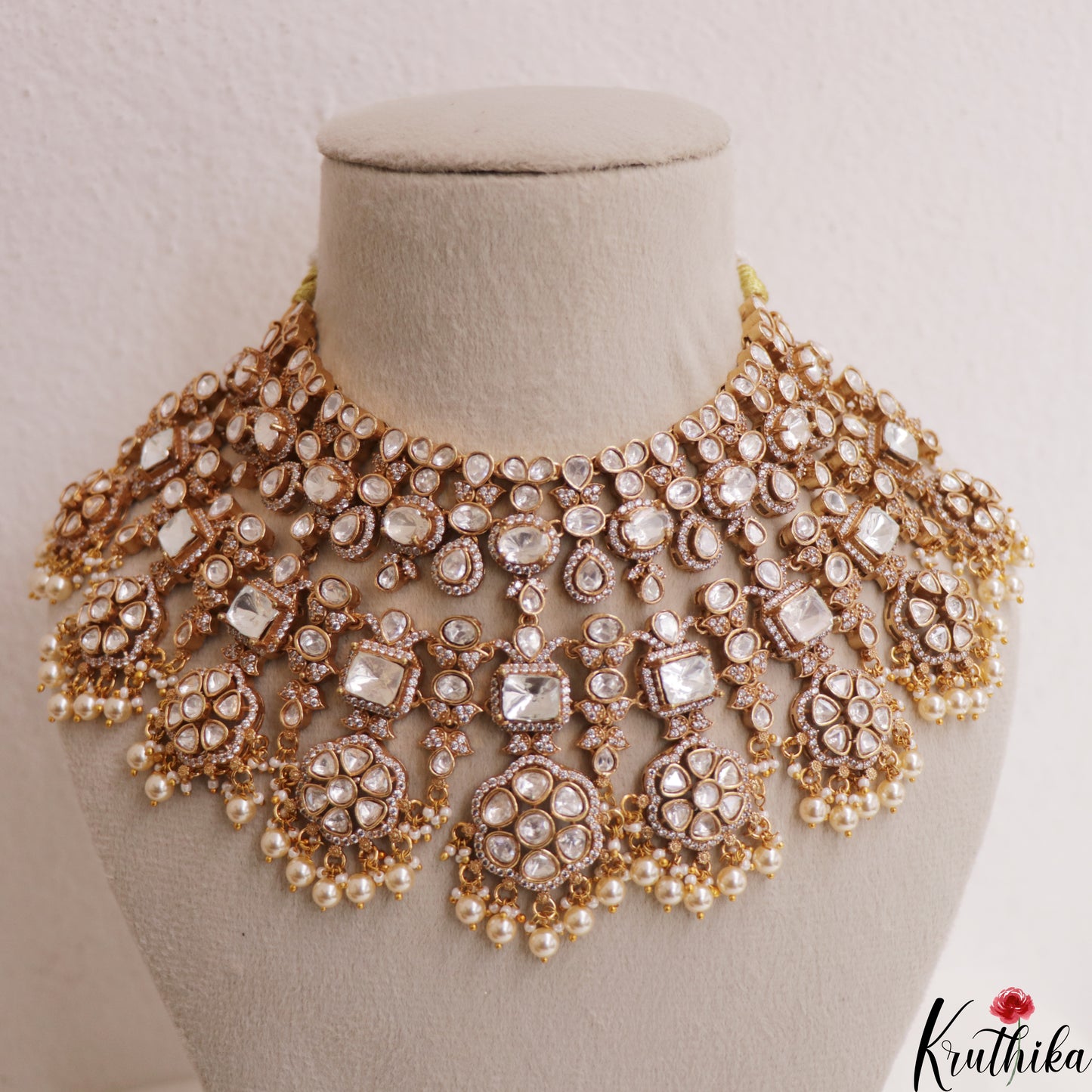 Grand Floral Motifs Polki Victorian Choker With Pearl Drops NC3019 (Available In 4 Colors)