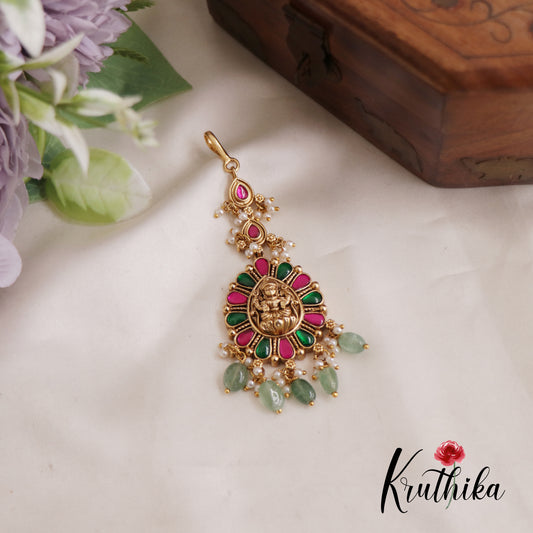 Beautiful Antique Lakshmi Jadau Maang Tikka With Pearl And Bead Drops MT309