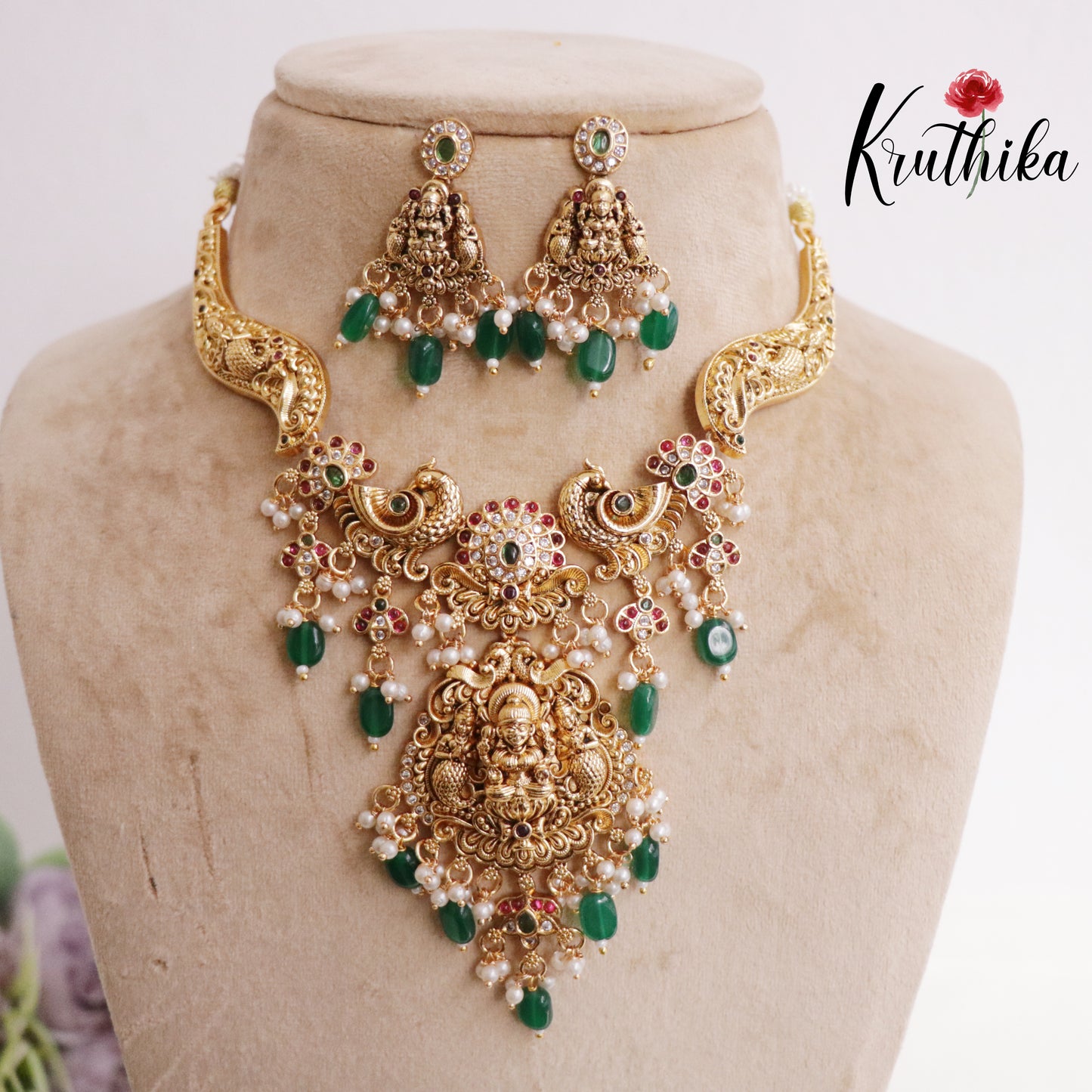 Beautiful Antique Peacock and Temple Lakshmi Pendant Necklace with Green Beads Drop NC2238