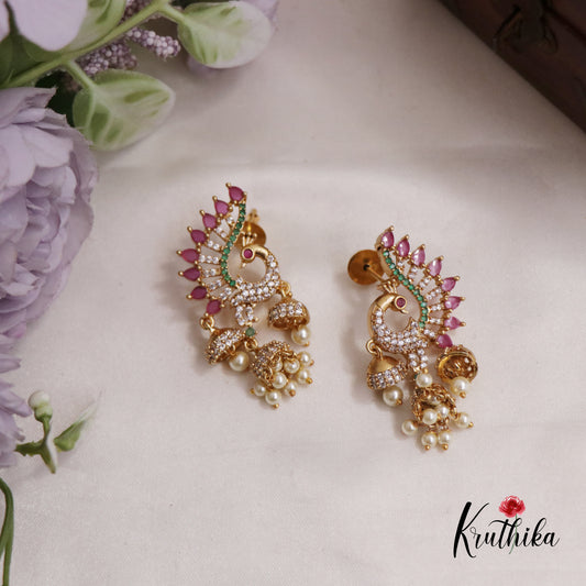 Elegant AD Kemp Peacock Jhumka With Pearl Drops Earrings E812