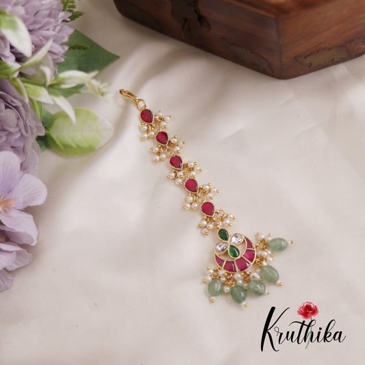 Trendy Floral Jadau Maang Tikka With Bead And Pearl Drops MT313