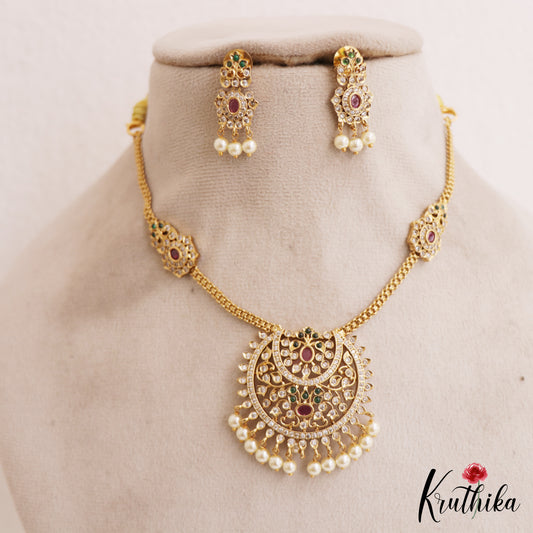 Elegant Teardrop Motifs Diamond-Finish Gold-Tone AD Necklace With Pearl Drops NC2764