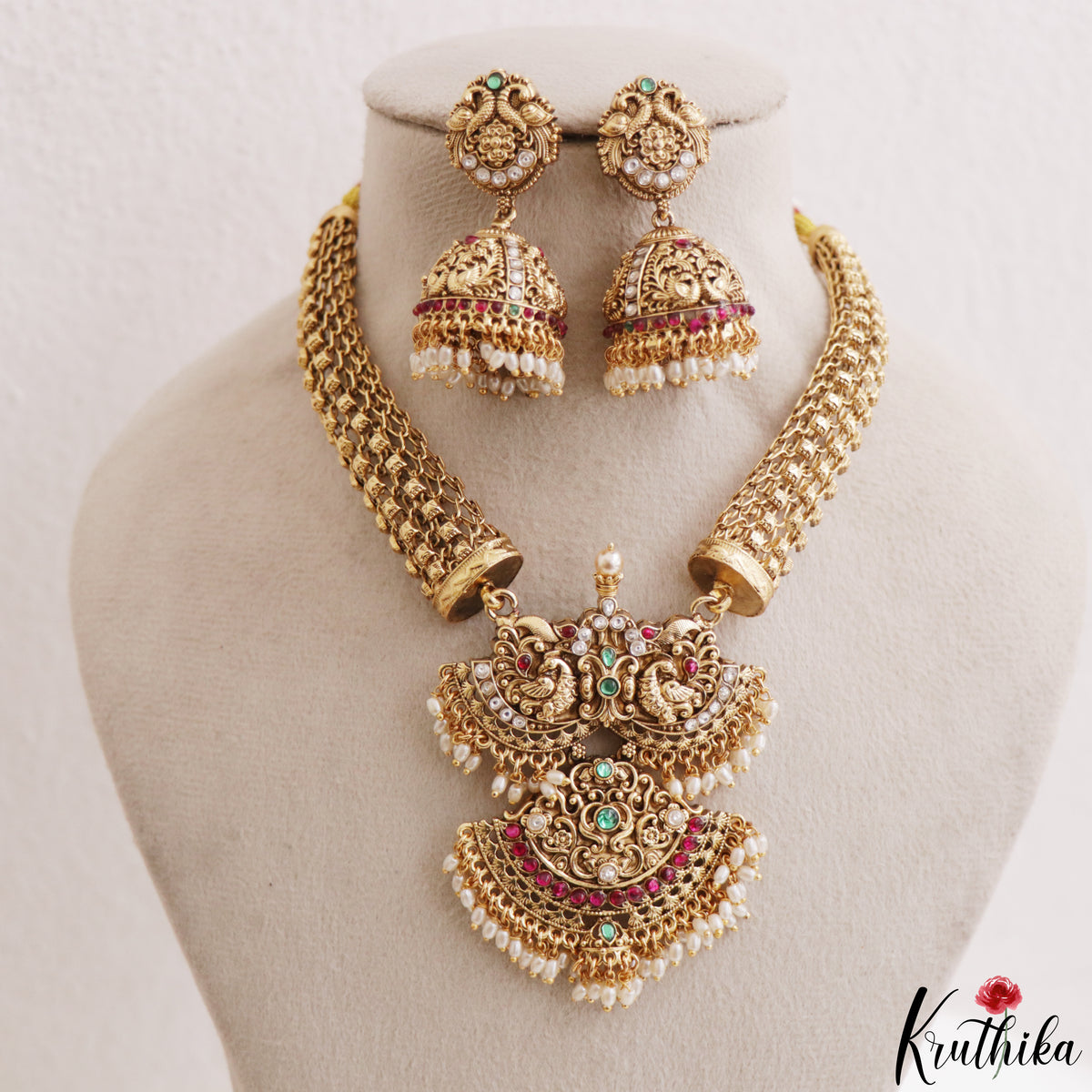 Gorgeous Antique Peacock Motifs Jadau Necklace With Pearl Drops NC3239