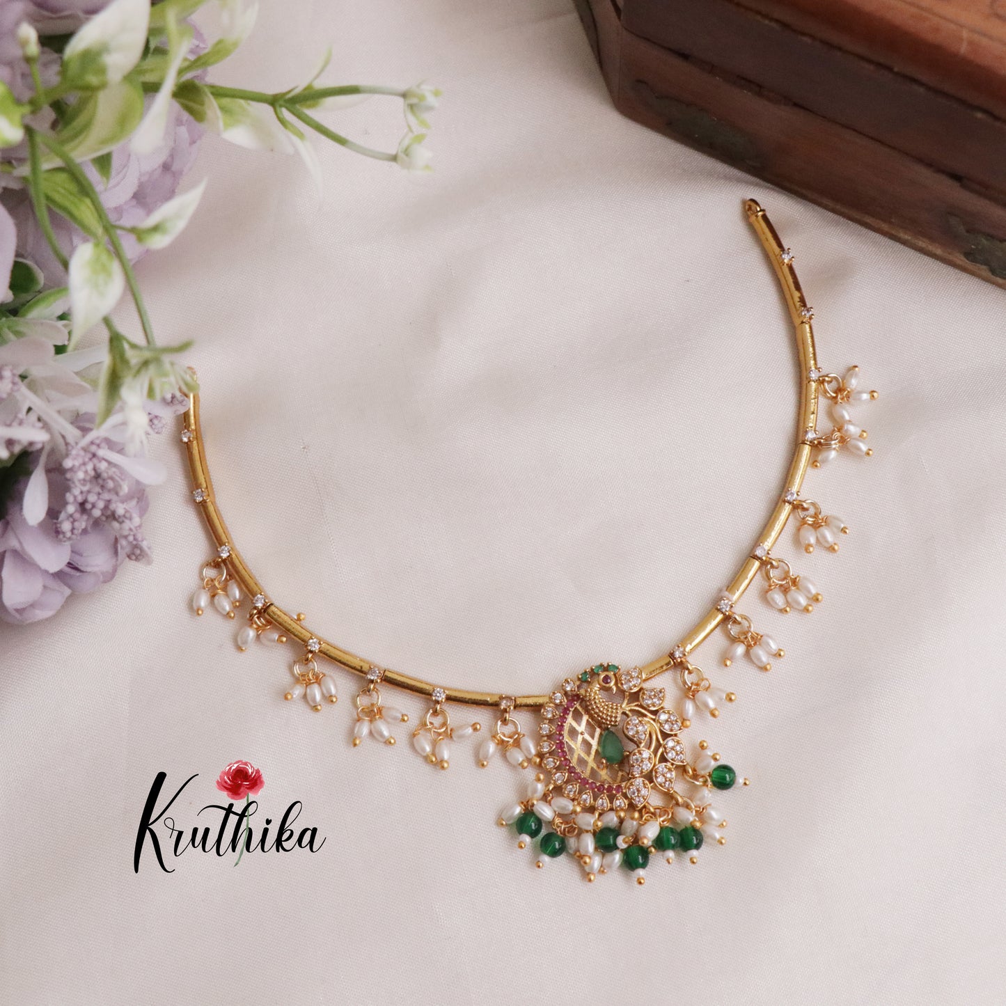 Simple Ad hasli necklace with peacock pendant & green bead drops NC2118