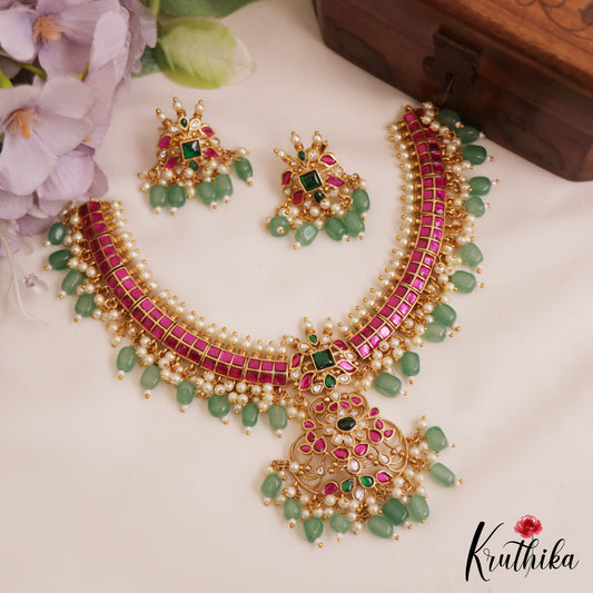 Premium Floral Motifs Jadau Guttapoosalu Necklace With Green Bead Drops NC2790