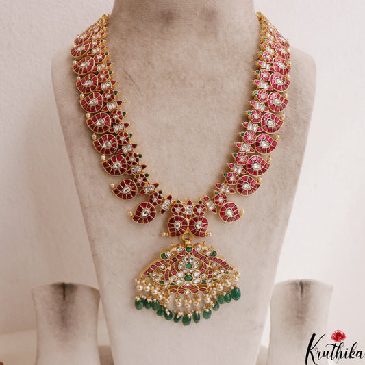 Royal Mango Motifs Jadau Haaram With Green Bead Drops LH2116