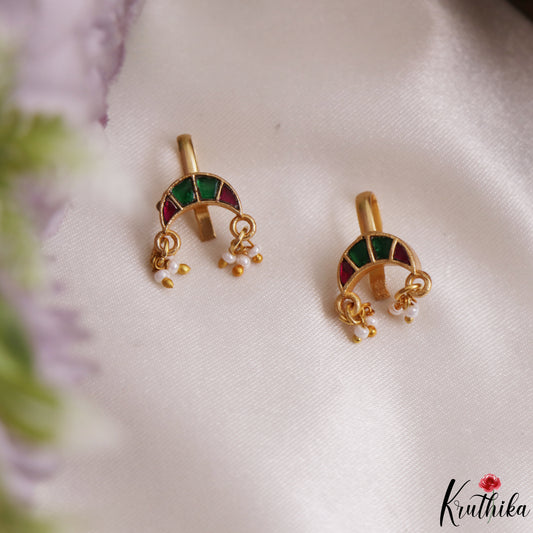 Elegant Jadau Earcuffs | Upper Earrings | Bugadi Earrings With Pearl Drops E1227 (Available In 5 Colors)