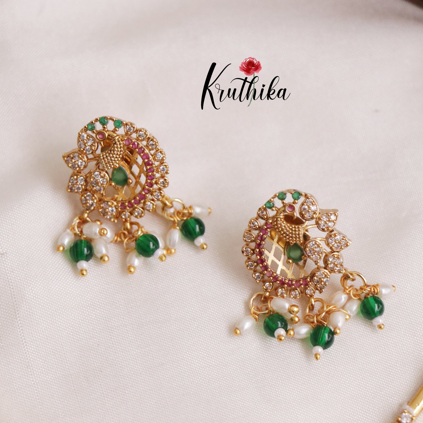 Simple Ad hasli necklace with peacock pendant & green bead drops NC2118