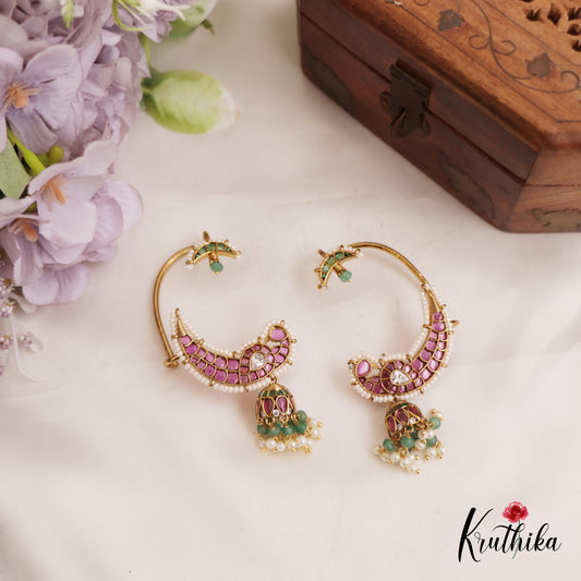 Beautiful Peacock Motifs Kemp Ear Cuff With Bead And Pearl Drops E978 (Available In 2 Colors)