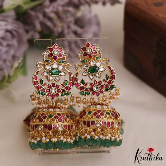 Premium Floral Motifs Jadau Motifs With Green Bead Drops E1080