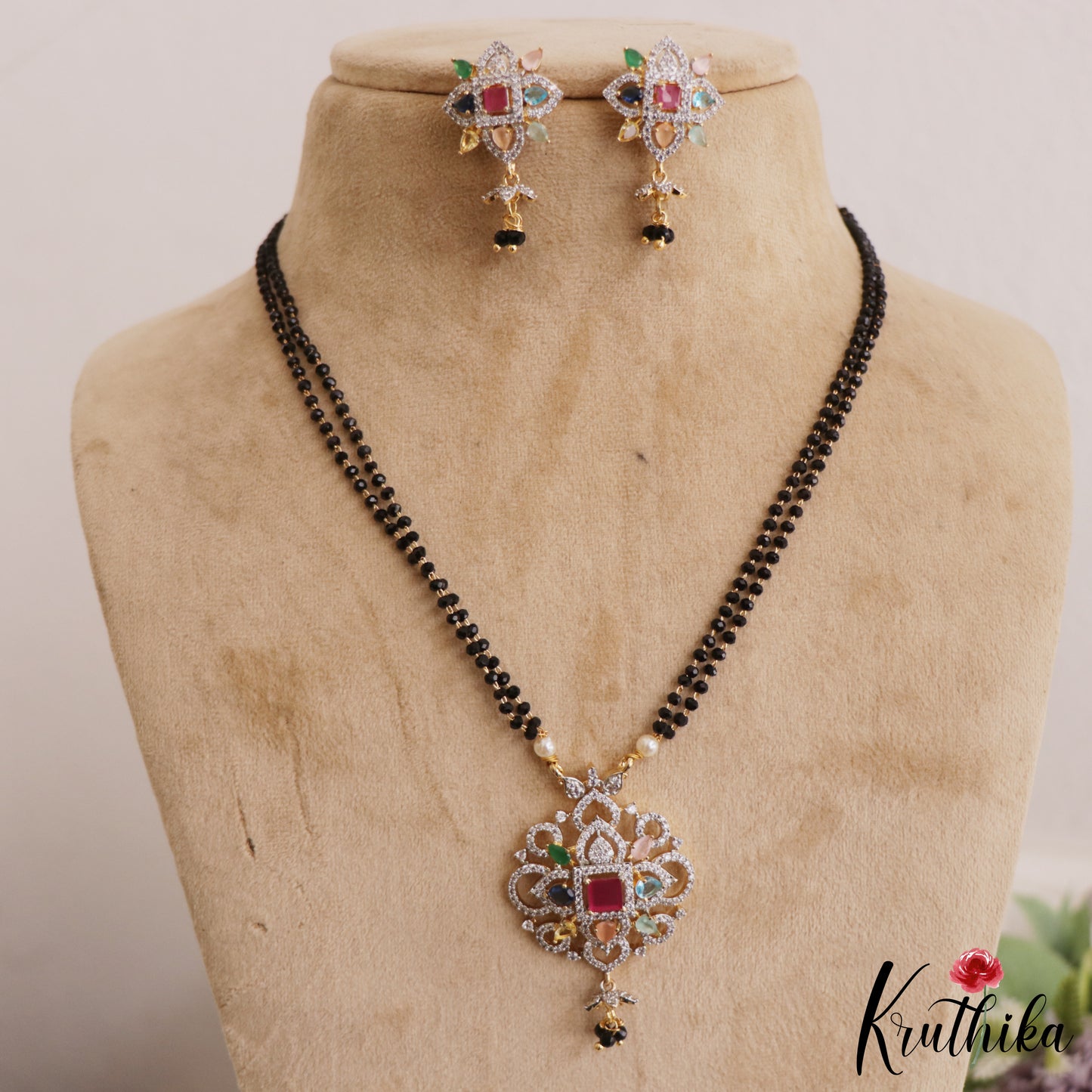 Sparkling AD Multi Color Stone Mangalsutra with Earrings Set NC2640