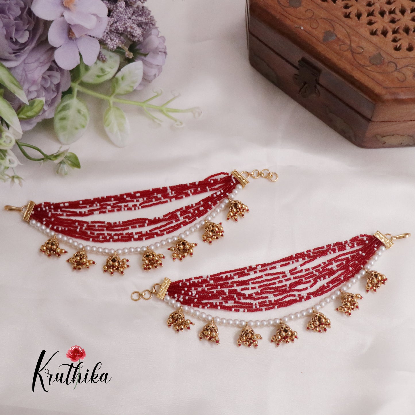 Simple Multi-Layer Pearl Earchains with Jhumka Drops EC111