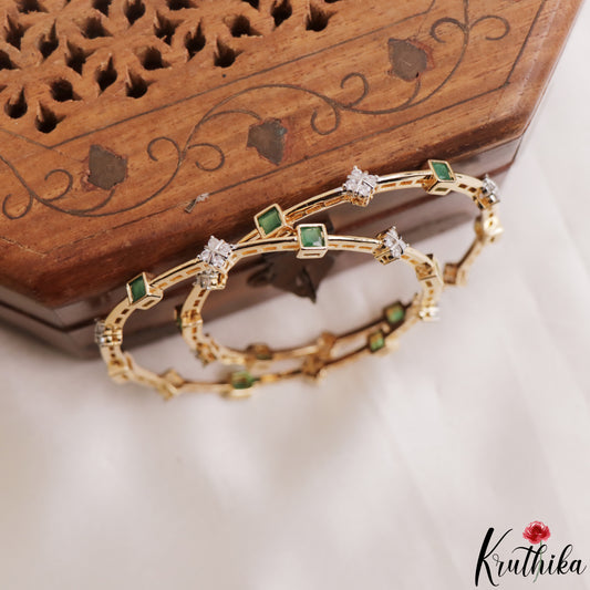 Classic Square Diamond-Finish Gold-Tone CZ Bangles B565 (Set of 2)|(Available In 2 Colors)