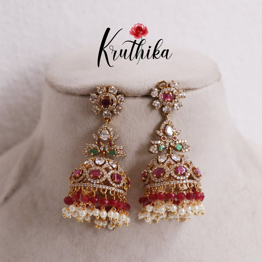 Beautiful AD Floral Jhumkas With Bead And Pearl Drops Earrings E811