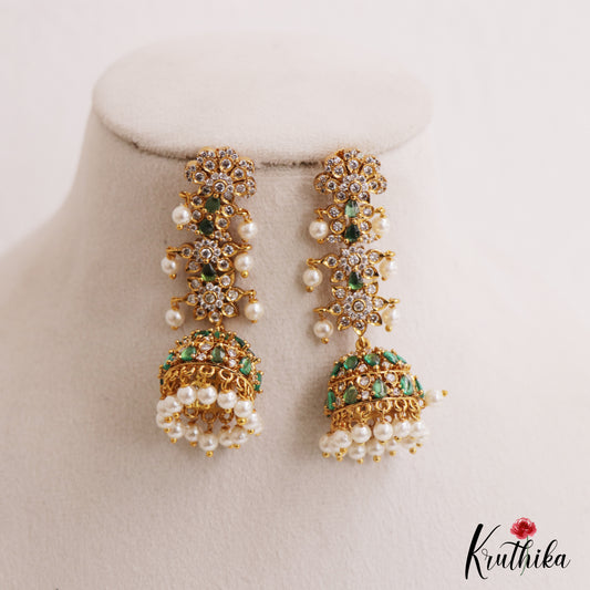 Sparkling Floral Motifs AD Jhumkas With Pearl Drops E1107 (Available In 4 Colors)