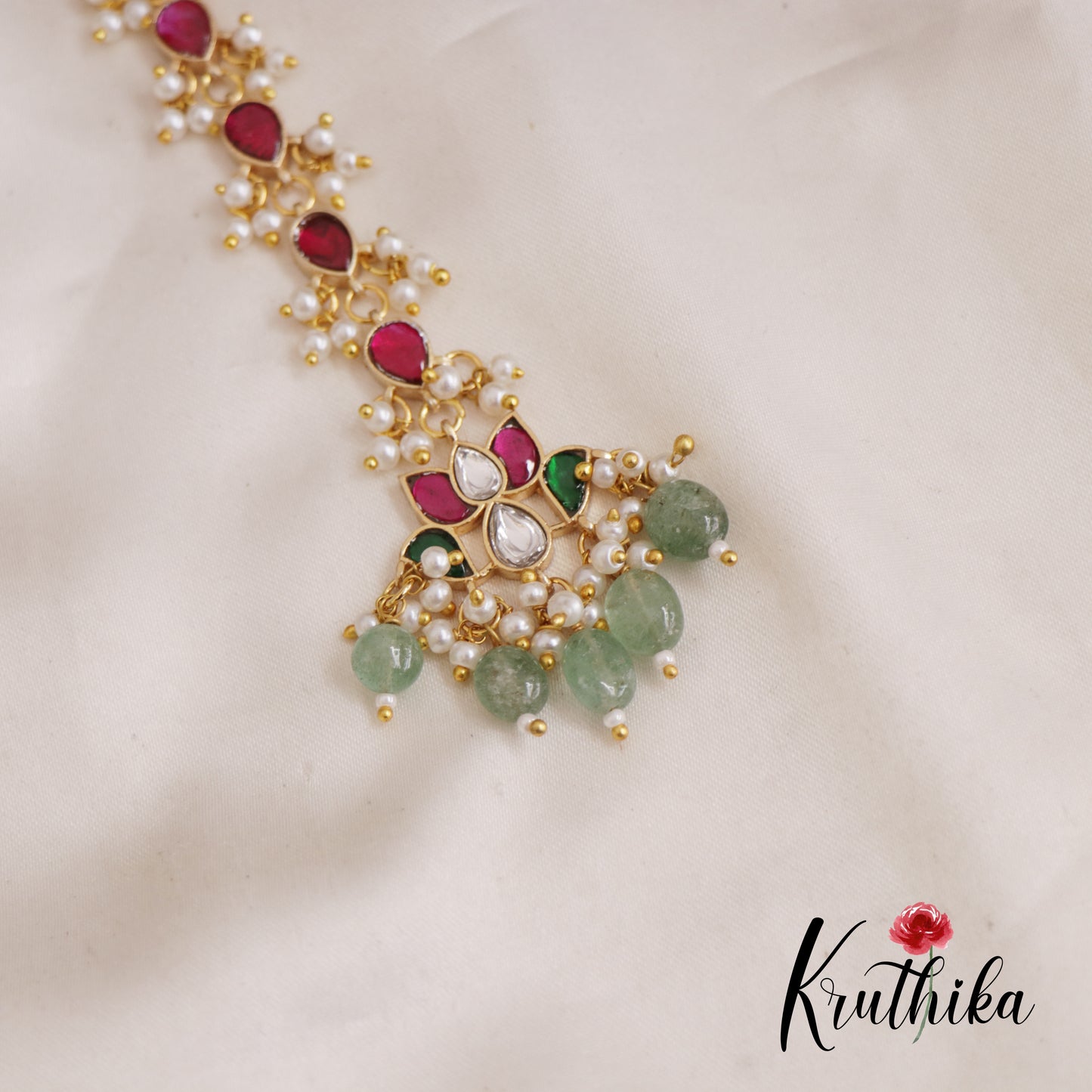 Classic Lotus Jadau Maang Tikka With Bead And Pearl Drops MT314