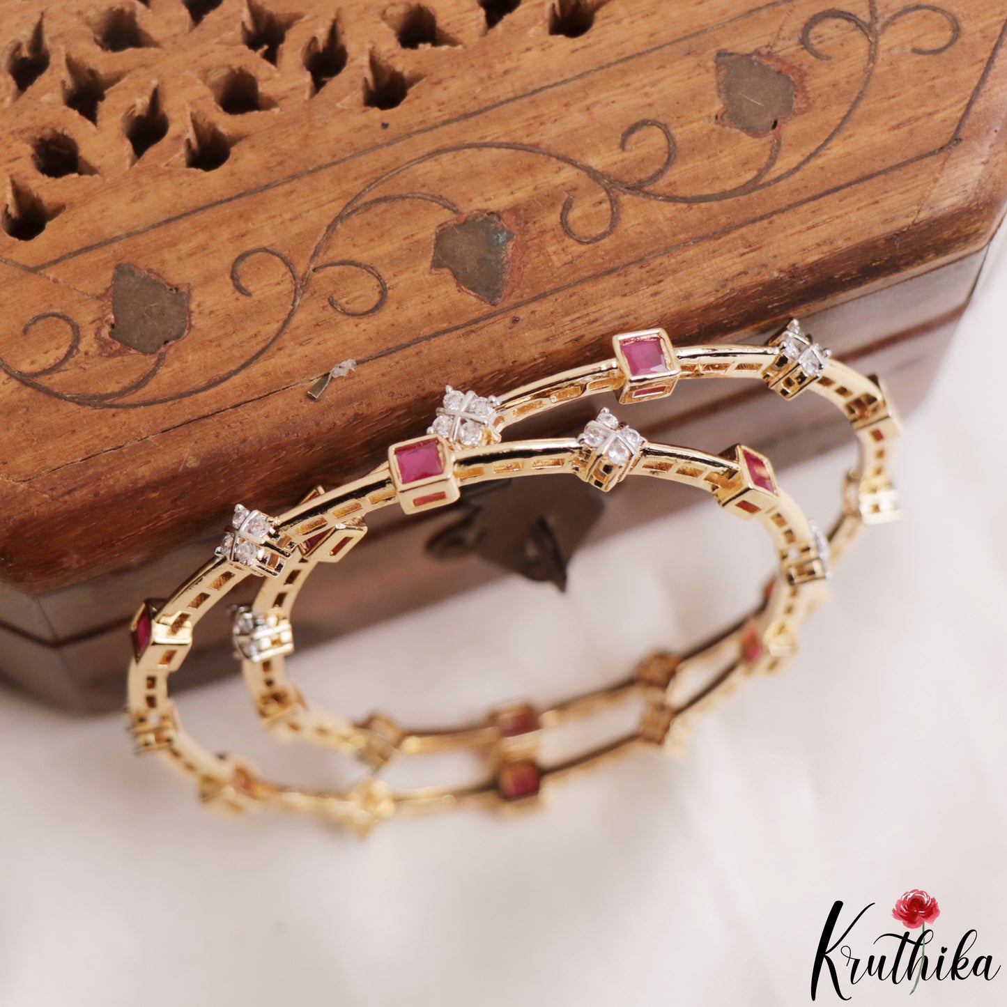 Classic Square Diamond-Finish Gold-Tone CZ Bangles B565 (Set of 2)|(Available In 2 Colors)