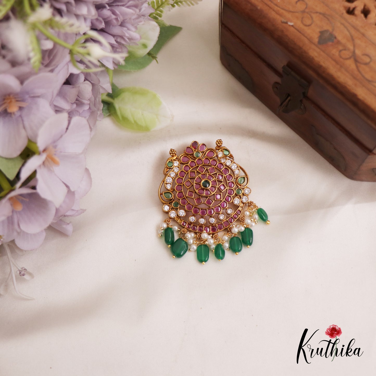 Beautiful Peacock Floral Motifs Jadau Pendant With Green Bead Drops PS278