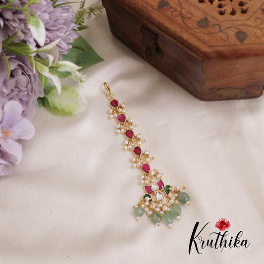 Classic Lotus Jadau Maang Tikka With Bead And Pearl Drops MT314