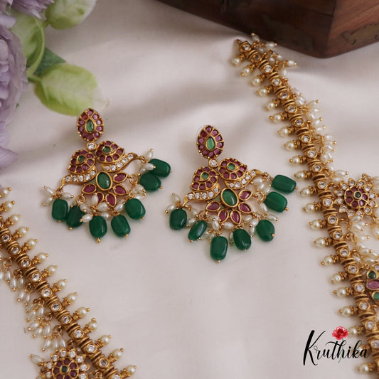 Gorgeous Kemp Floral Mango Motifs Guttapoosalu Haaram With Green Bead Drops LH2040