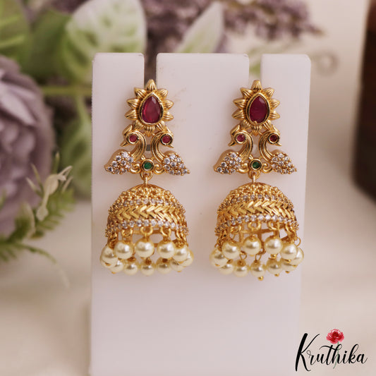 Beautiful Peacock Motifs Gold-Tone Jhumka With Pearl Drops E1053