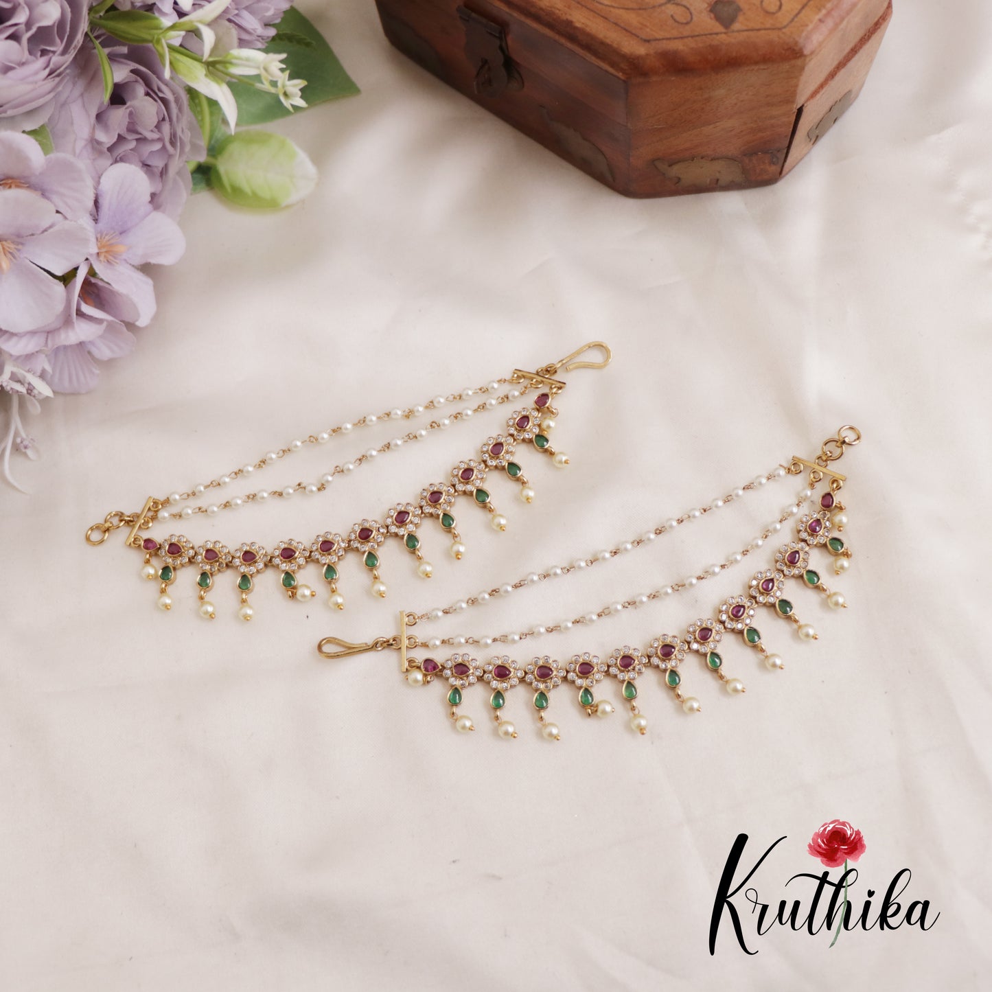 Classic Kemp Floral Motifs Triple Layer Earchains With Pearl Drops EC187