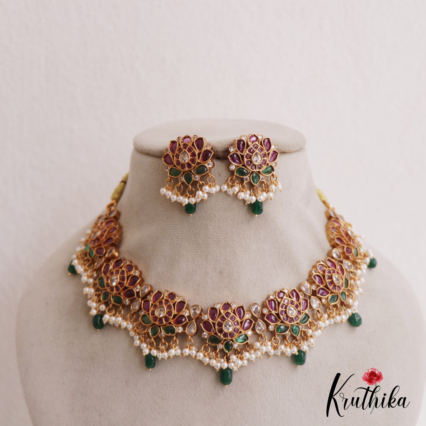 Elegant Lotus Motifs Kemp Guttapoosalu Choker With Green Drop NC2698 (Available In 2 Colors)